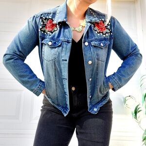 Crave Fame Blue Jean Jacket with Silver Studs And Red Floral Embroidery